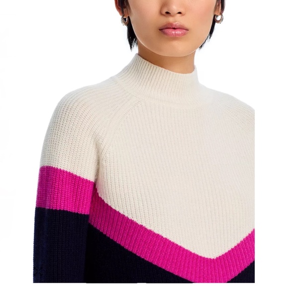 Luxurious 100% Cashmere Color Block Chevron Sweater By Aqua in Ivory / Pink/ Nav - Picture 4 of 6